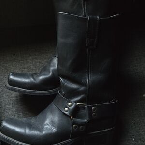 Men's Black Leather Harness Motorcyle Boots